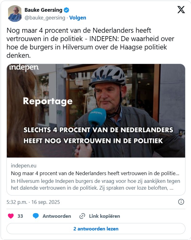 https://x.com/bauke_geersing/status/1967974804138373277?ref_src=twsrc%5Etfw%7Ctwcamp%5Etweetembed%7Ctwterm%5E1967974804138373277%7Ctwgr%5Eb5cbb7b9499909c309a36797505c3f67dc73c58a%7Ctwcon%5Es1_c10&ref_url=https%3A%2F%2Fopiniez.com%2F2025%2F10%2F14%2Fzonder-een-systeemverandering-blijven-politici-doen-wat-ze-doen%2Fguusberkhout%2F